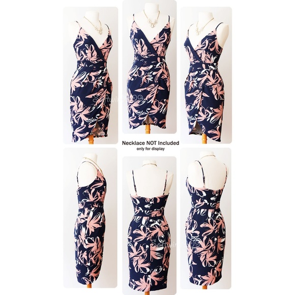 Last☝️ Navy Pink Floral Surplice Wrap Tulip Dress - Picture 7 of 8